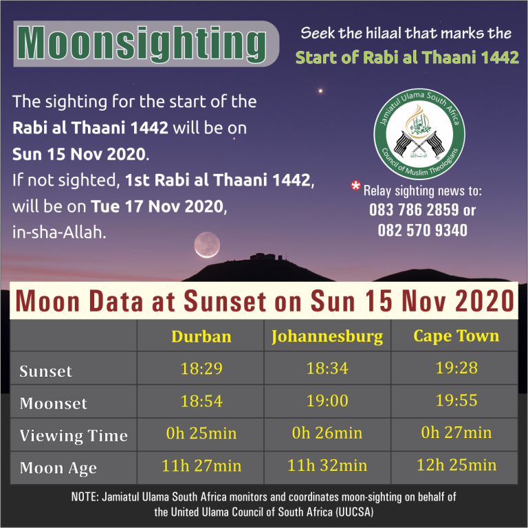 Moonsighting Data Rabi Al Thaani 1442 Jamiatul Ulama South Africa