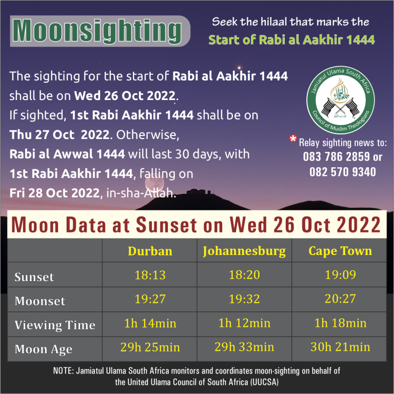 Moonsighting Data Rabi Al Aakhir 1444 Jamiatul Ulama South Africa